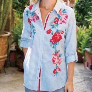 Soft Surroundings Garden City Floral Embroidery Striped Button Down Shirt L